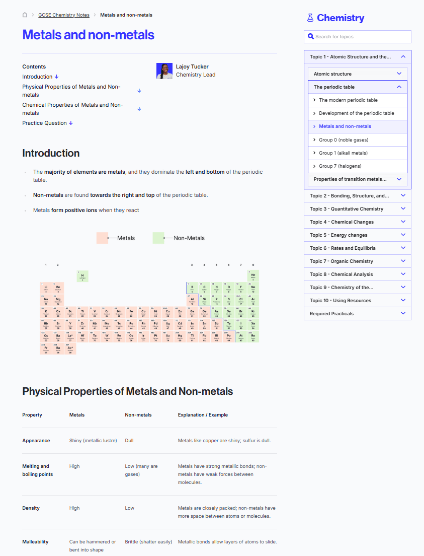 MyResources topic detail — Metals and non-metals with teacher card and diagram